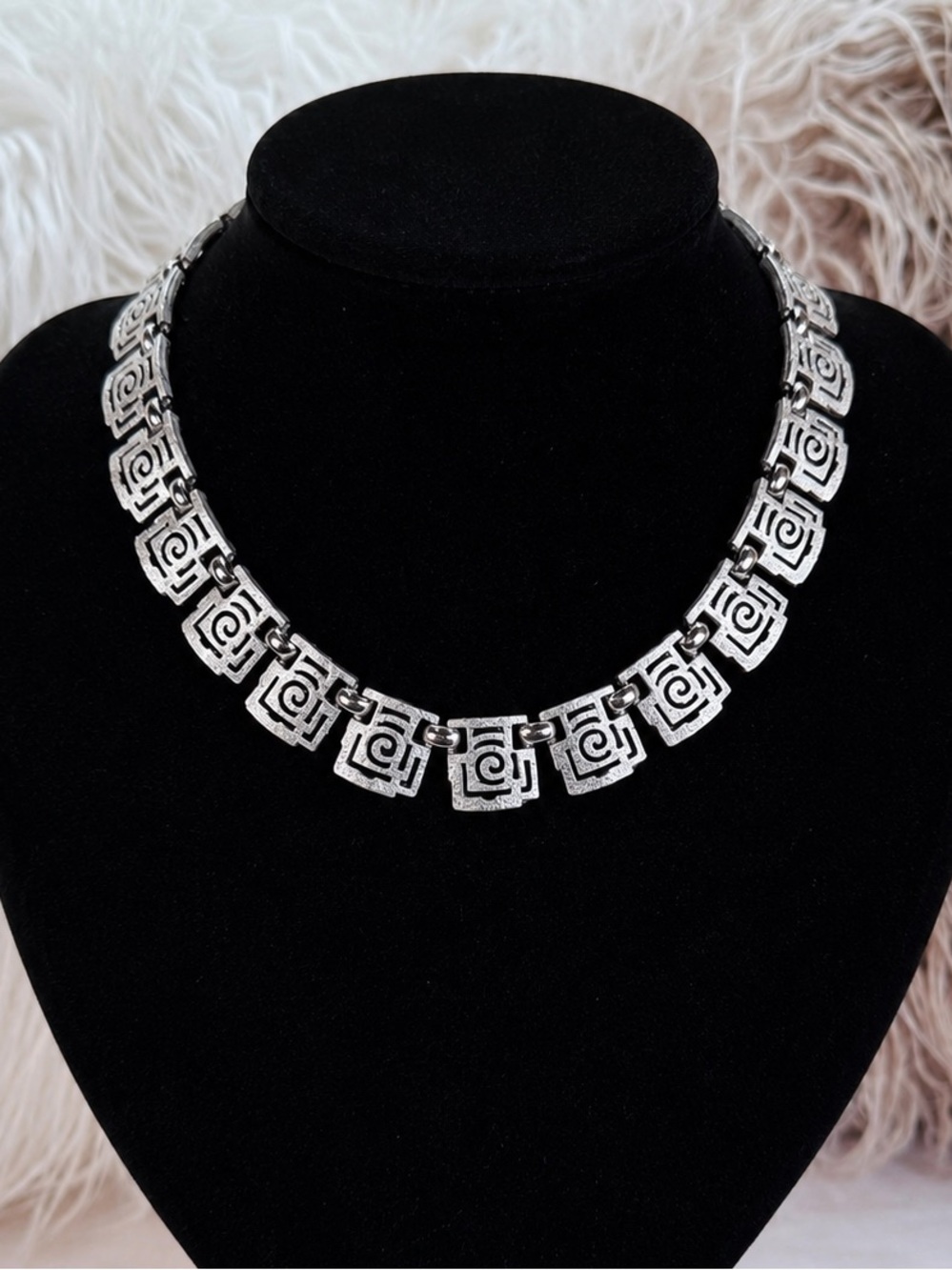Vintage Trifari Silver Tone Greek Key Geometric Statement Collar Necklace